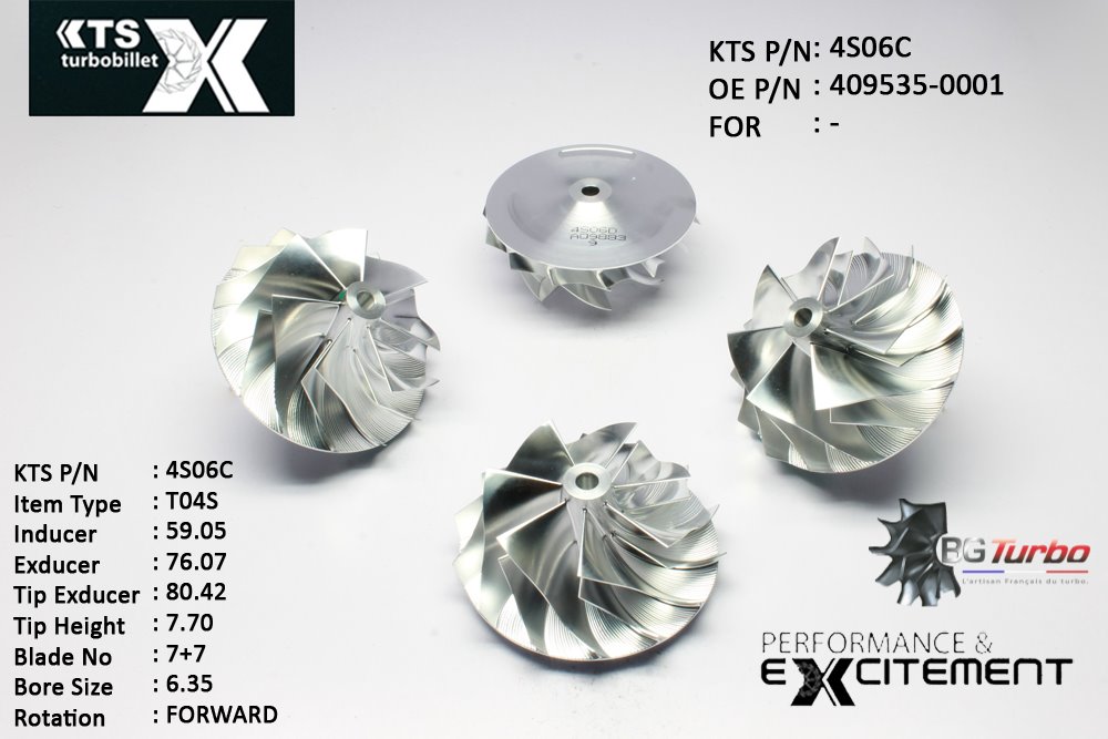 Turbo ROUE FORGÉE MFS PERFORMANCE - 7+7 PALES - INDUCER : 59,05 - EXDUCER : 76,07 - TYPE : T04SANGLE : 65° - ROTATION : Forward - SUPER BACK : 4,97 - BORE SIZE : 6,35
